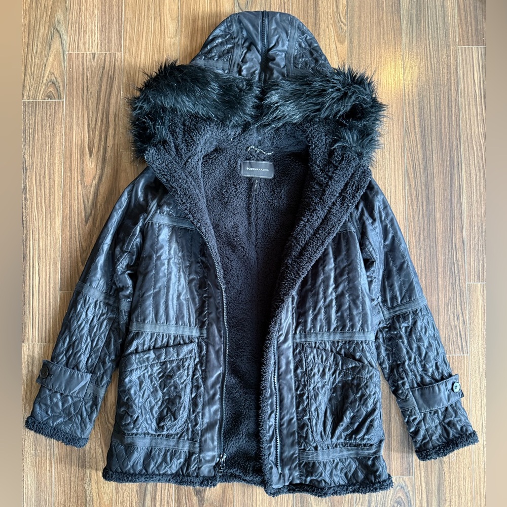 BCBG MaxAzria Black Genova Quilted Distressed Coat
